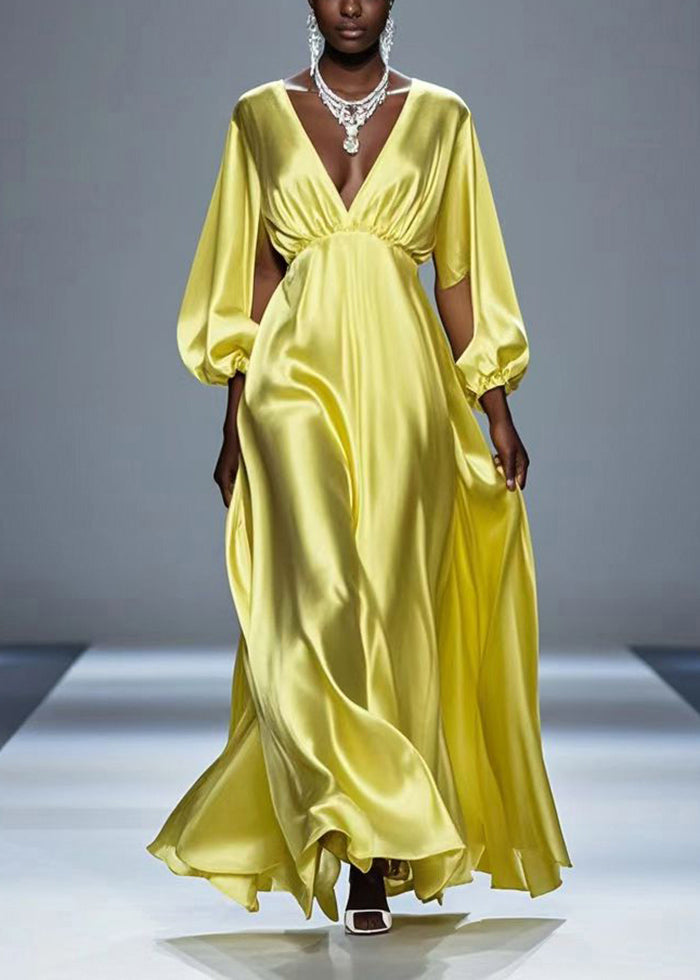 Beautiful Yellow Hollow Out Draping Silk Party Dresses Spring