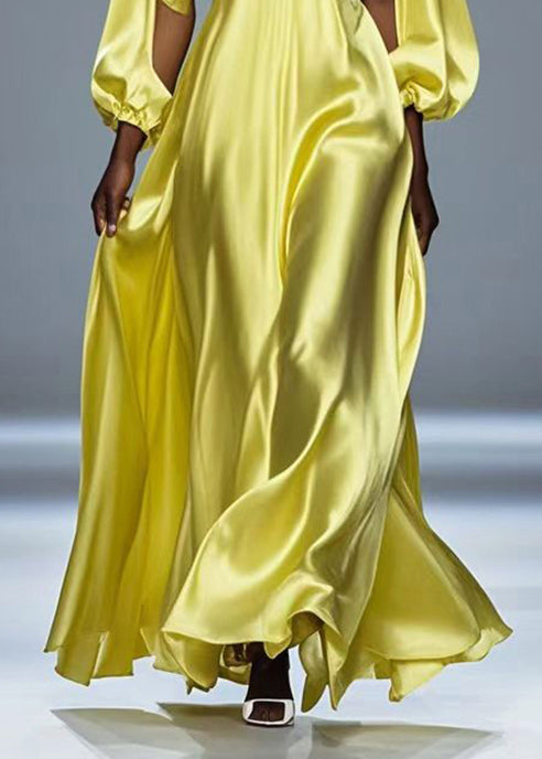 Beautiful Yellow Hollow Out Draping Silk Party Dresses Fall