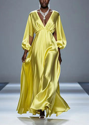 Beautiful Yellow Hollow Out Draping Silk Party Dresses Fall