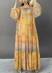 Beautiful Yellow Lace Up Patchwork Cotton Maxi Dresses Fall