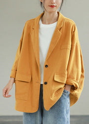 Beautiful Yellow Notched Pockets Patchwork Cotton Coats Spring