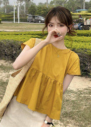 Beautiful Yellow O-Neck Patchwork Bow Cotton Shirt Top Short Sleeve