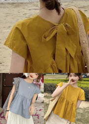 Beautiful Yellow O-Neck Patchwork Bow Cotton Shirt Top Short Sleeve