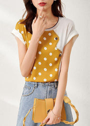 Beautiful Yellow O Neck Patchwork Print Silk Top Summer