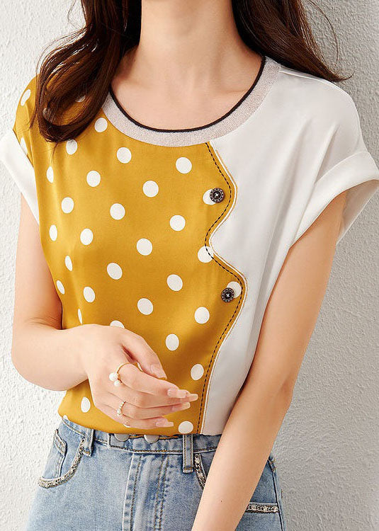 Beautiful Yellow O Neck Patchwork Print Silk Top Summer