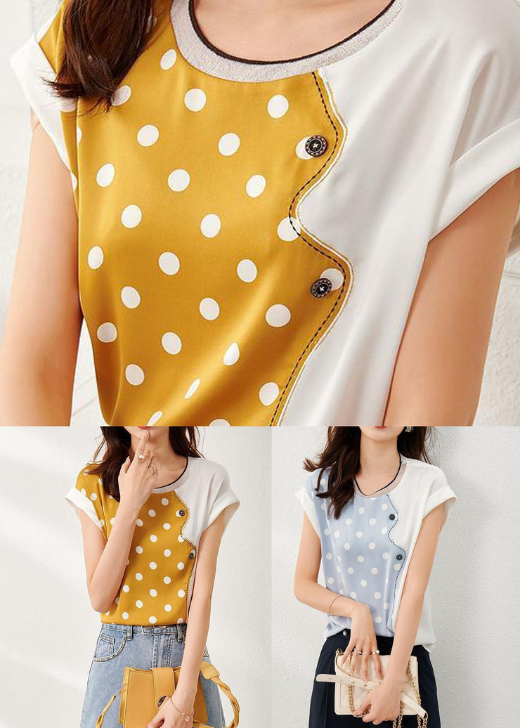 Beautiful Yellow O Neck Patchwork Print Silk Top Summer