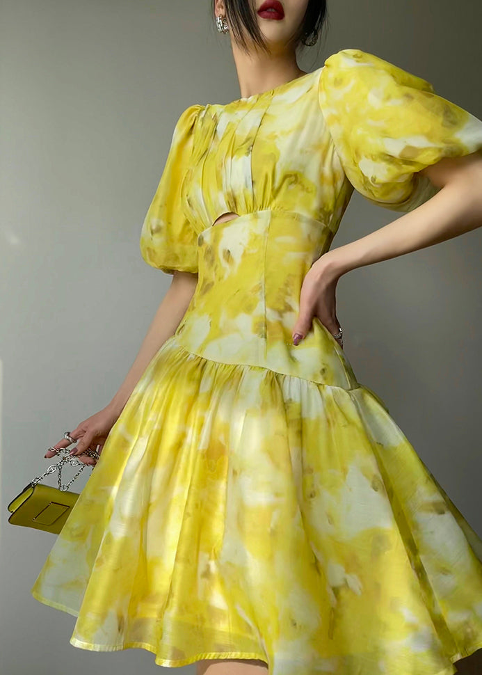 Beautiful Yellow O Neck Print High Waist Dress Summer