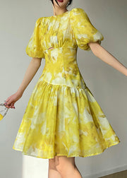 Beautiful Yellow O Neck Print High Waist Dress Summer