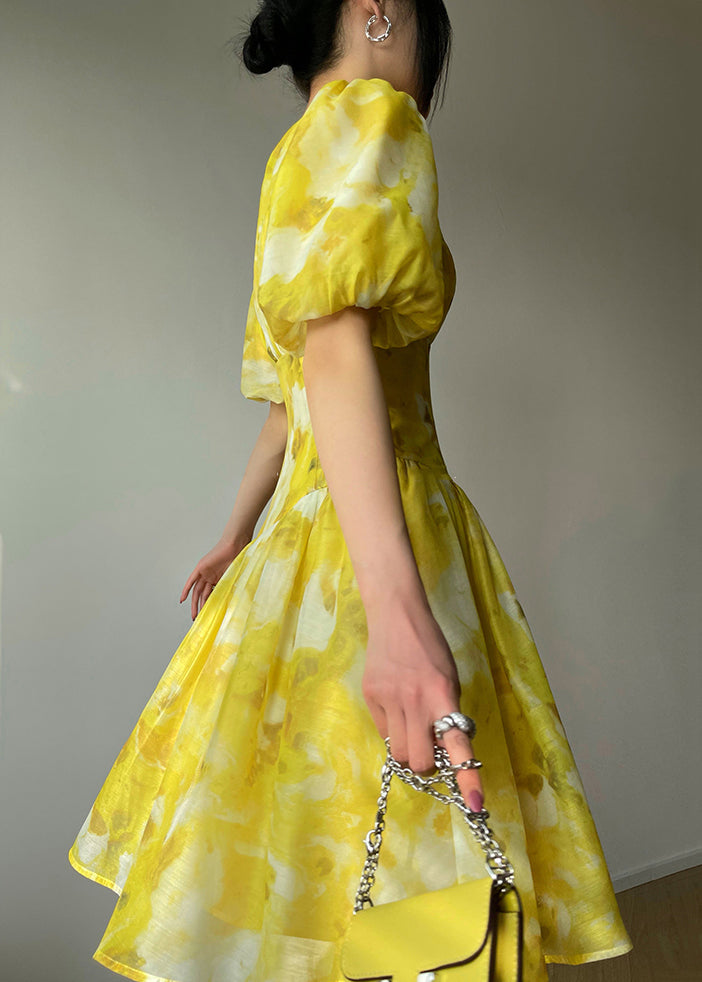 Beautiful Yellow O Neck Print High Waist Dress Summer