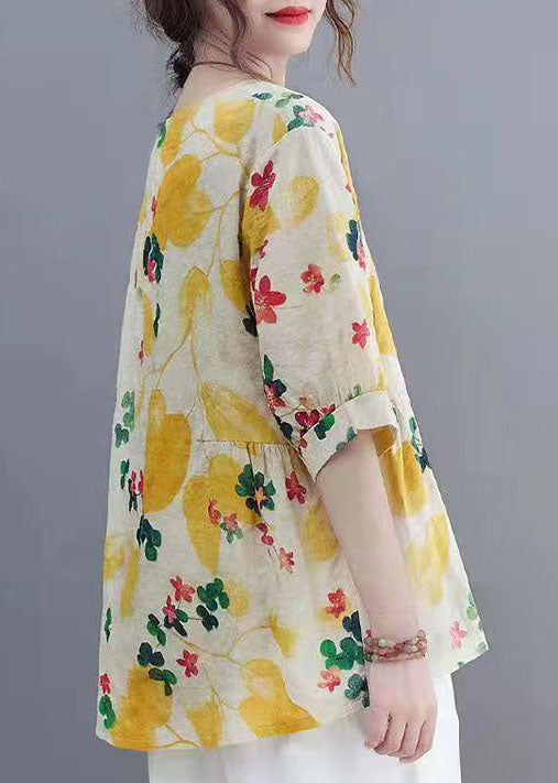 Beautiful Yellow O Neck Print Patchwork Linen Tops Summer