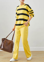 Beautiful Yellow Oversized Striped Knit Ripped Two Pieces Set Fall