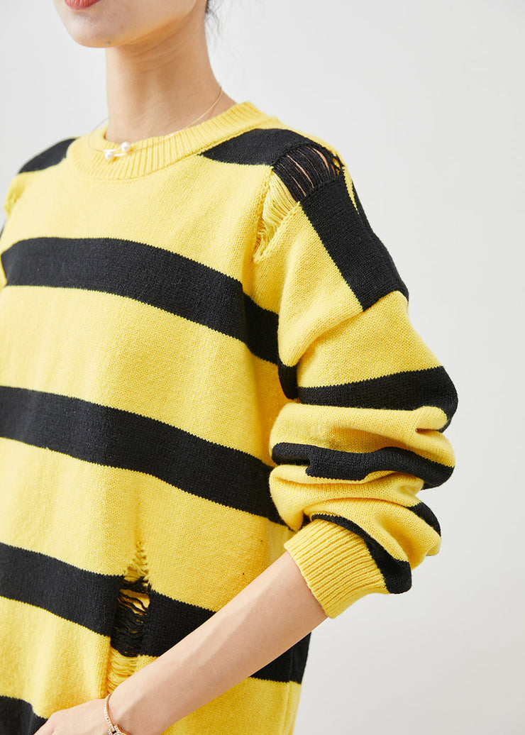 Beautiful Yellow Oversized Striped Knit Ripped Two Pieces Set Fall