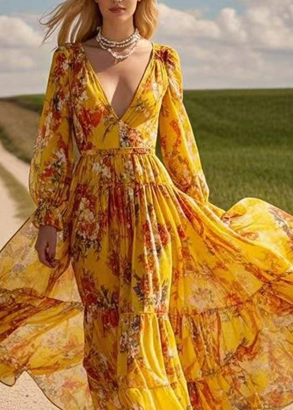 Beautiful Yellow Patchwork Wrinkled Chiffon Maxi Dress Spring