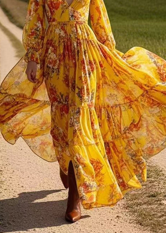 Beautiful Yellow Patchwork Wrinkled Chiffon Maxi Dress Spring