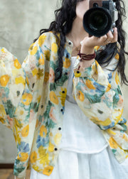 Beautiful Yellow Print Button Linen Loose Shirts Lantern Sleeve