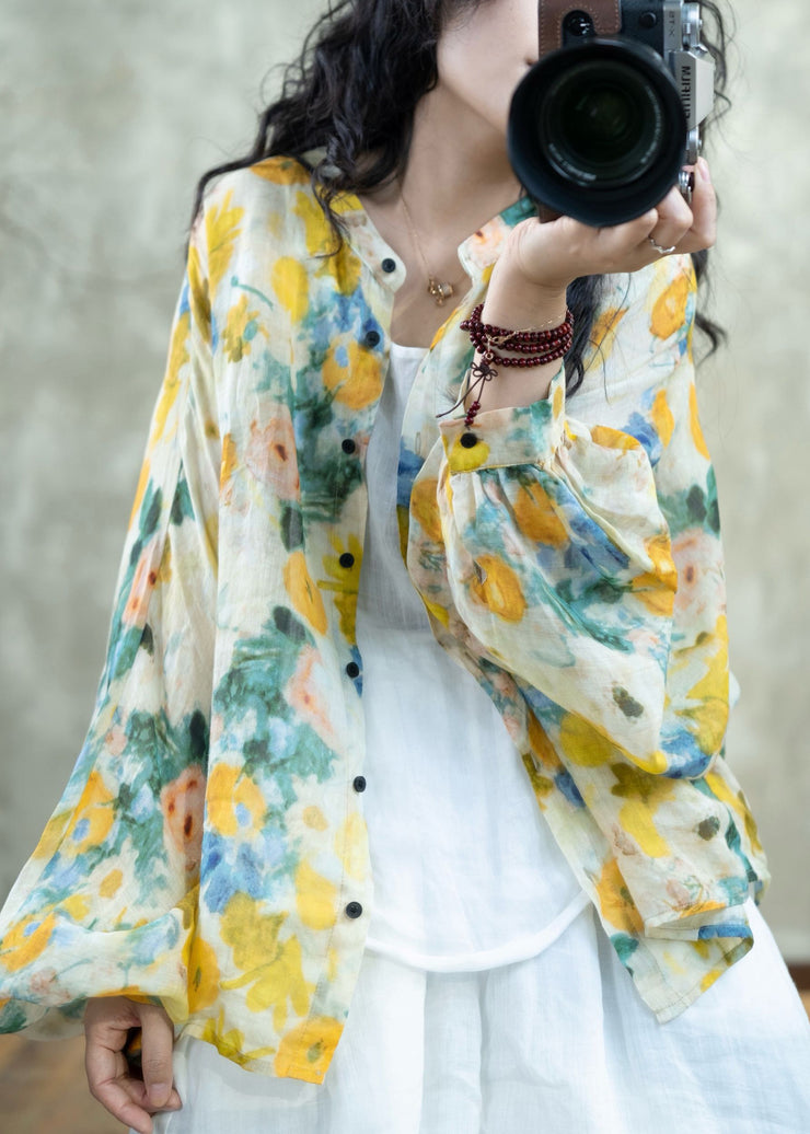 Beautiful Yellow Print Button Linen Loose Shirts Lantern Sleeve