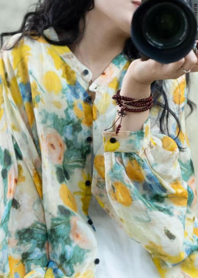 Beautiful Yellow Print Button Linen Loose Shirts Lantern Sleeve