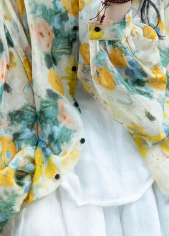 Beautiful Yellow Print Button Linen Loose Shirts Lantern Sleeve