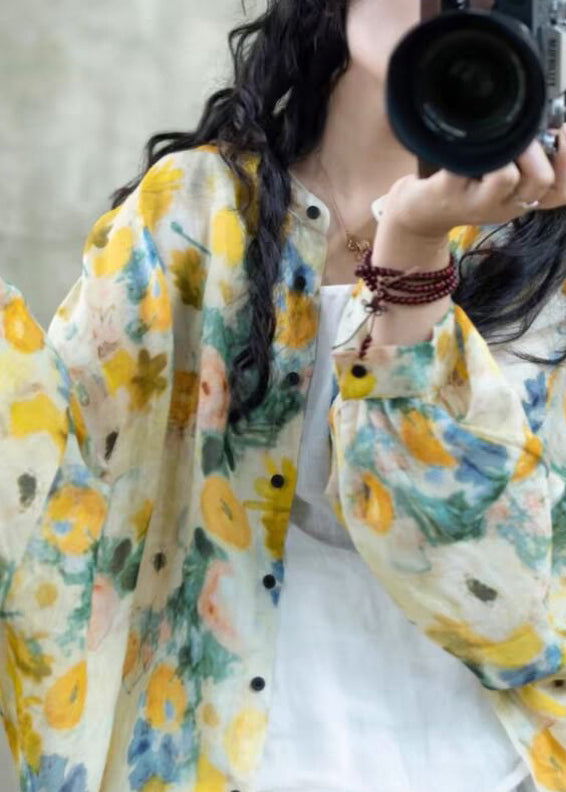 Beautiful Yellow Print Button Linen Loose Shirts Lantern Sleeve