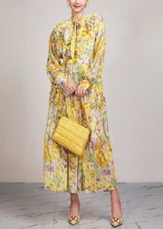 Beautiful Yellow Print Lace Up Chiffon Long Dress Long Sleeve