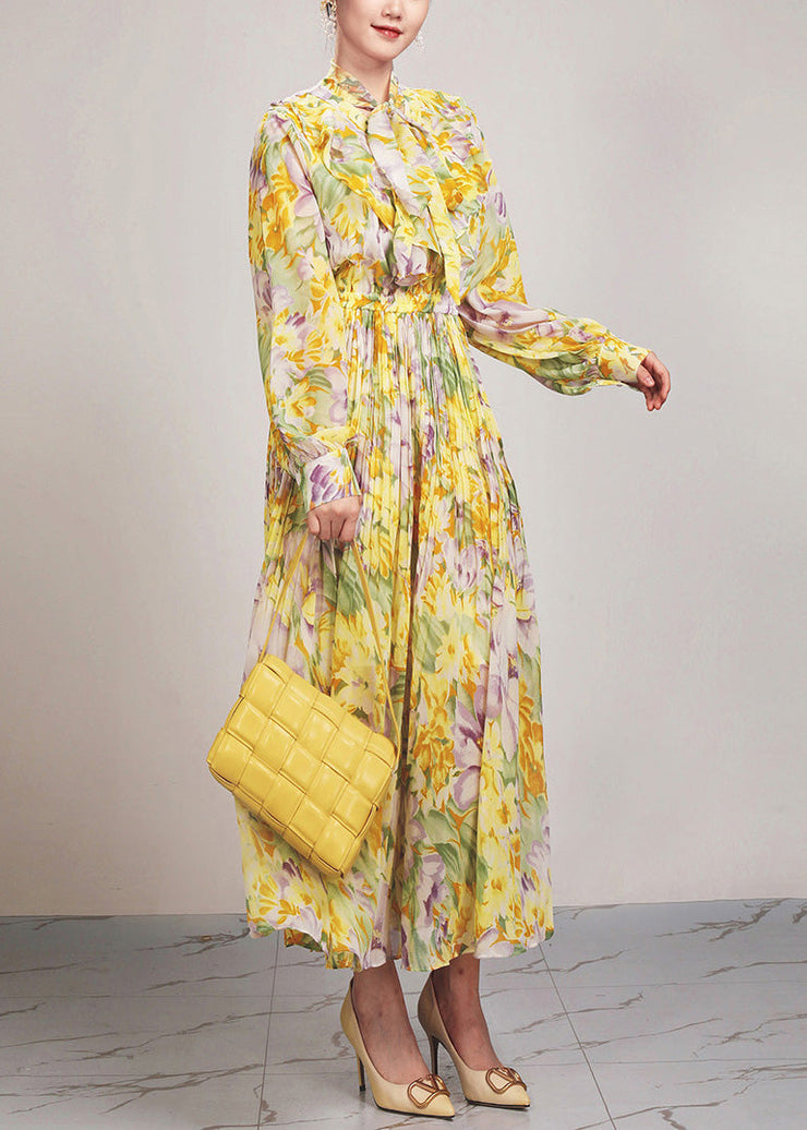 Beautiful Yellow Print Lace Up Chiffon Long Dress Long Sleeve