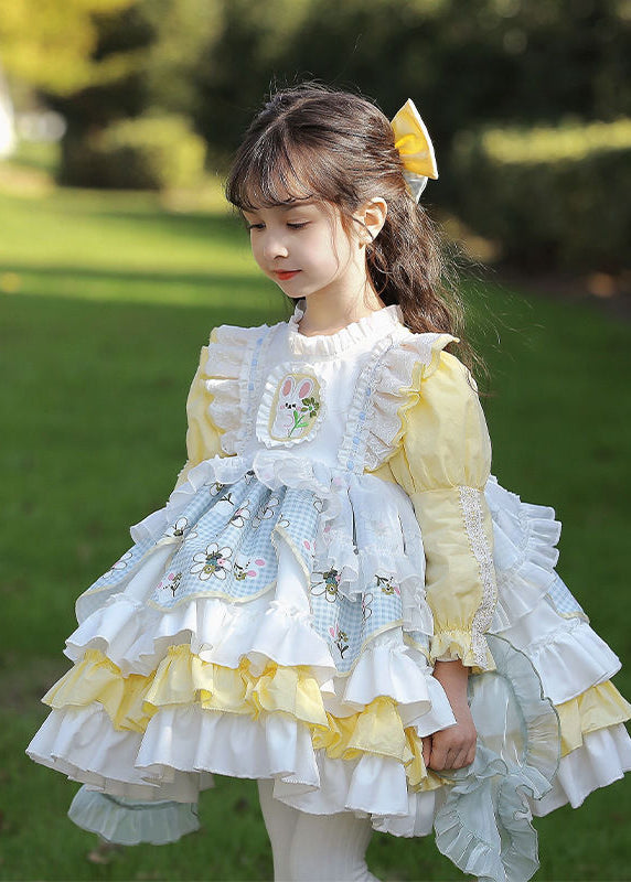 Beautiful Yellow Ruffled Patchwork Kids Mid Dress Spring