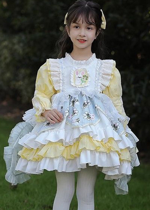 Beautiful Yellow Ruffled Patchwork Kids Mid Dress Spring