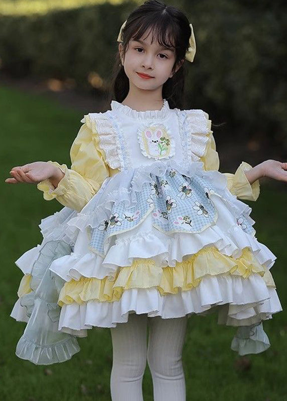 Beautiful Yellow Ruffled Patchwork Kids Mid Dress Spring