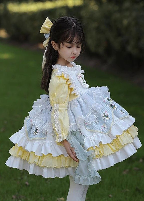 Beautiful Yellow Ruffled Patchwork Kids Mid Dress Spring