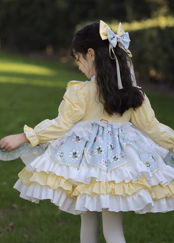 Beautiful Yellow Ruffled Patchwork Kids Mid Dress Spring