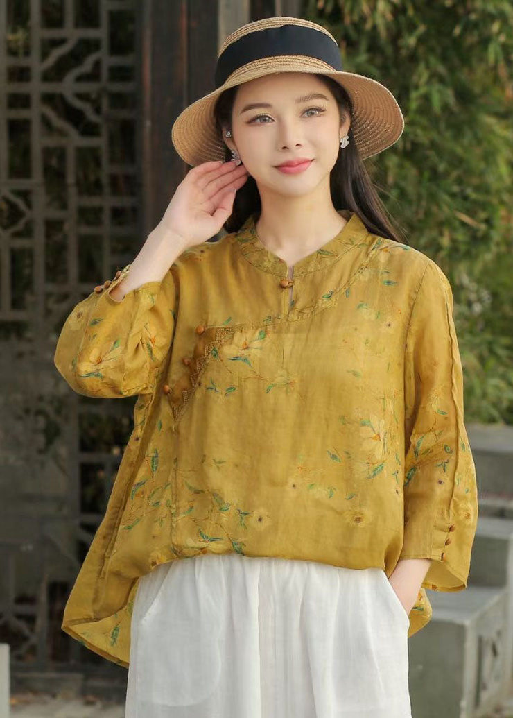 Beautiful Yellow Stand Collar Print Patchwork Linen Blouse Top Spring