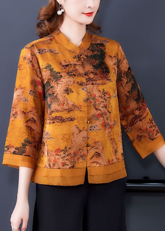 Beautiful Yellow Stand Collar Print Silk Blouse Tops Bracelet Sleeve