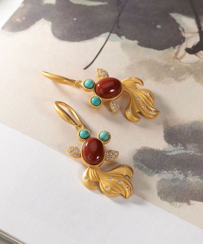 Beautiful Yellow Sterling Silver Overgild Agate Zircon Turquoise Goldfish Drop Earrings