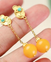 Beautiful Yellow Sterling Silver Overgild Beeswax Turquoise Drop Earrings