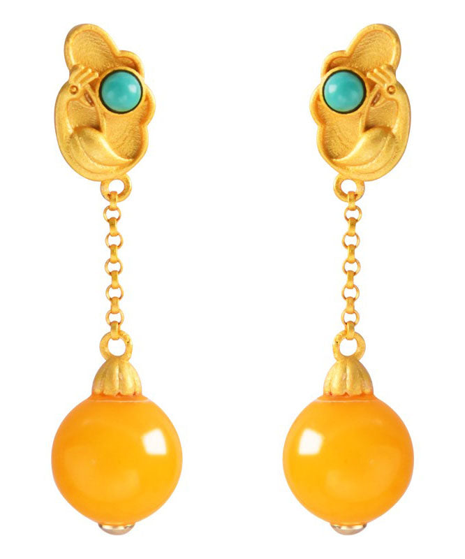 Beautiful Yellow Sterling Silver Overgild Beeswax Turquoise Drop Earrings