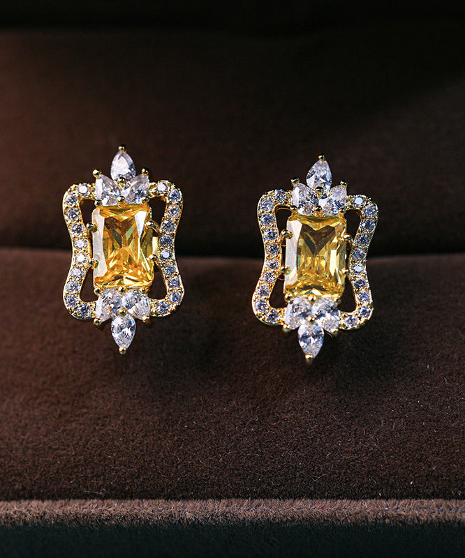 Beautiful Yellow Sterling Silver Overgild Zircon Stud Earrings