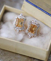 Beautiful Yellow Sterling Silver Overgild Zircon Stud Earrings