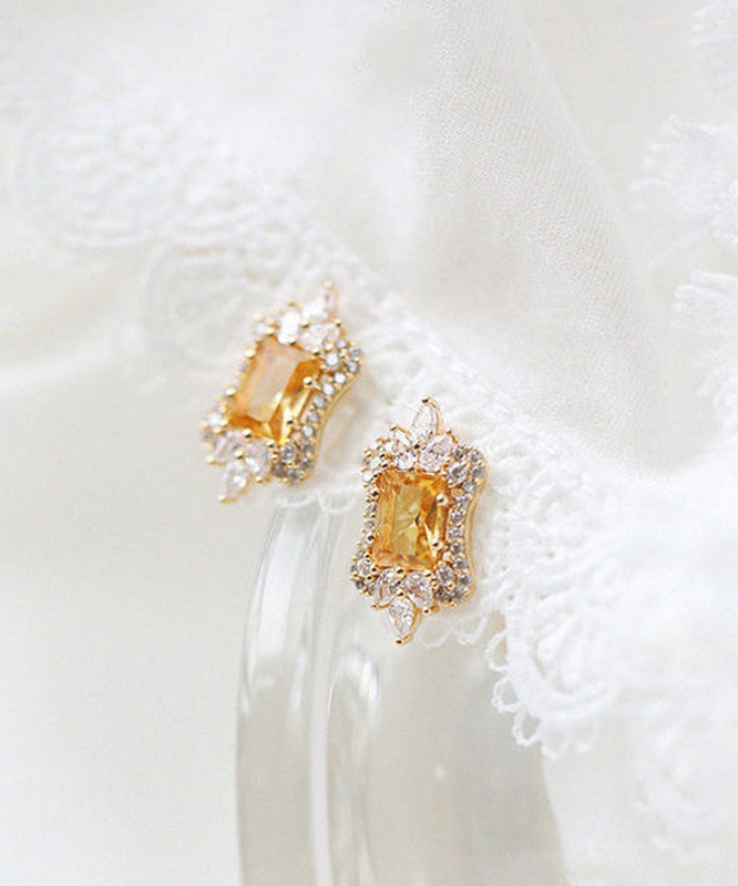 Beautiful Yellow Sterling Silver Overgild Zircon Stud Earrings