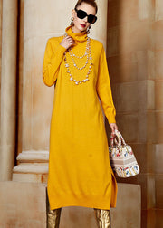 Beautiful Yellow Turtleneck Side Open Wool Knit Sweater Long Dresses Long Sleeve