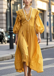 Beautiful Yellow V Neck Cotton Holiday Dress Lantern Sleeve