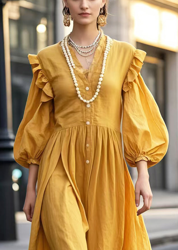 Beautiful Yellow V Neck Cotton Holiday Dress Lantern Sleeve