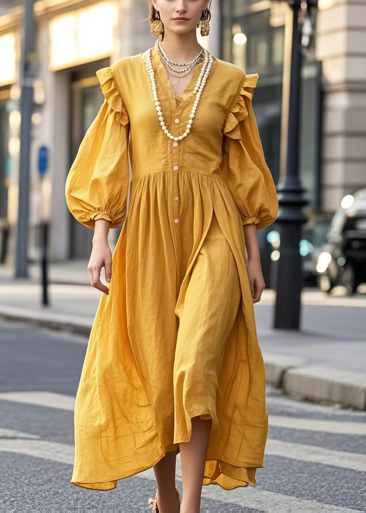 Beautiful Yellow V Neck Cotton Holiday Dress Lantern Sleeve