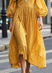 Beautiful Yellow V Neck Cotton Holiday Dress Lantern Sleeve