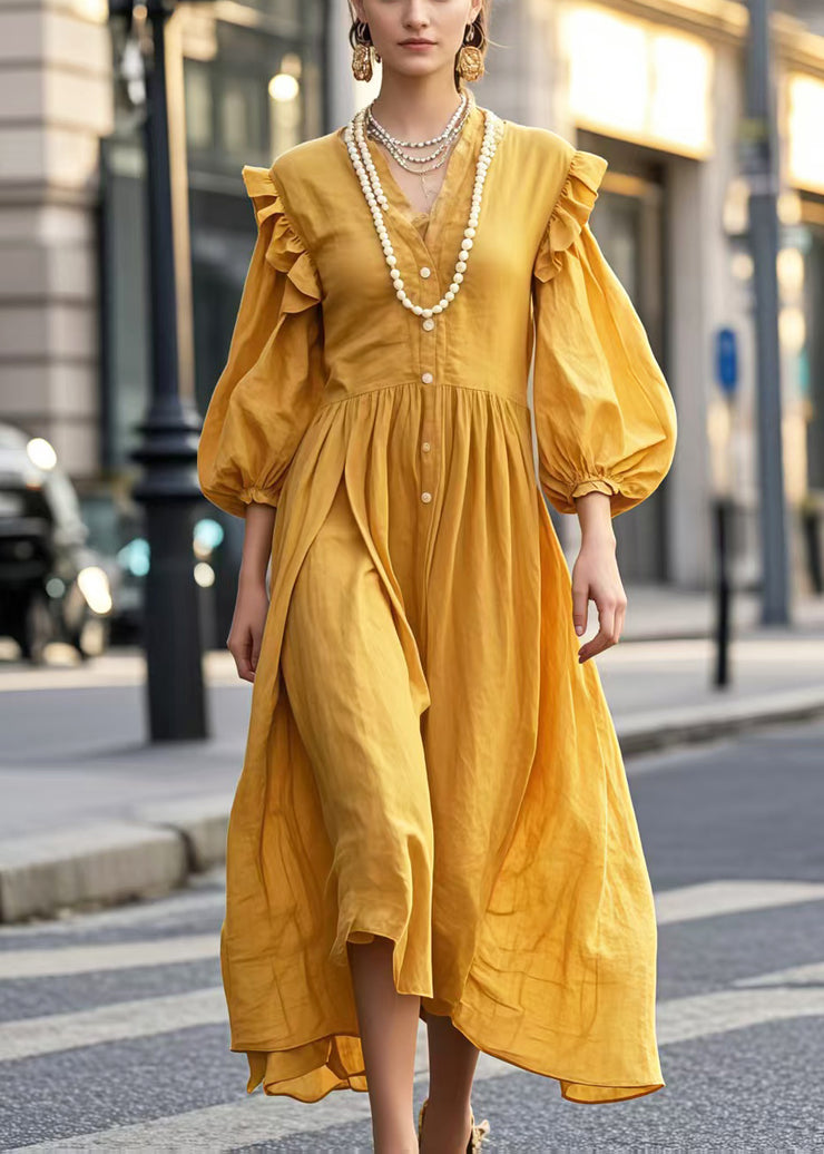 Beautiful Yellow V Neck Cotton Holiday Dress Lantern Sleeve