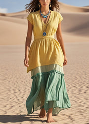 Beautiful Yellow V Neck Patchwork Cotton Vacation Dresses Summer