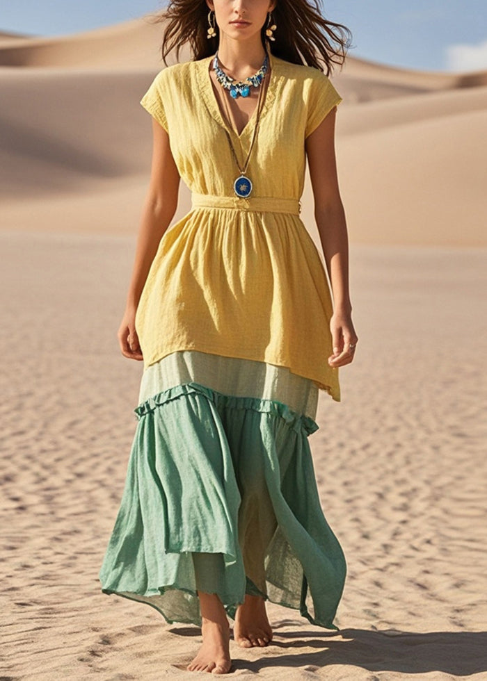 Beautiful Yellow V Neck Patchwork Cotton Vacation Dresses Summer