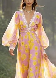 Beautiful Yellow V Neck Print Chiffon Maxi Dresses Spring