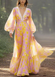 Beautiful Yellow V Neck Print Chiffon Maxi Dresses Spring