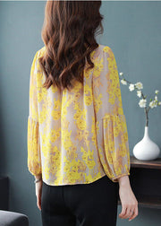 Beautiful Yellow V Neck Print Chiffon Top Lantern Sleeve