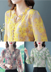 Beautiful Yellow V Neck Print Chiffon Top Lantern Sleeve